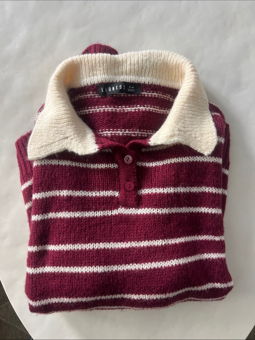 LIONNESS Rising Sun Stripe Jersey Knit Oversized Chunky Polo Sweater Crimson S/M - Picture 4 of 7